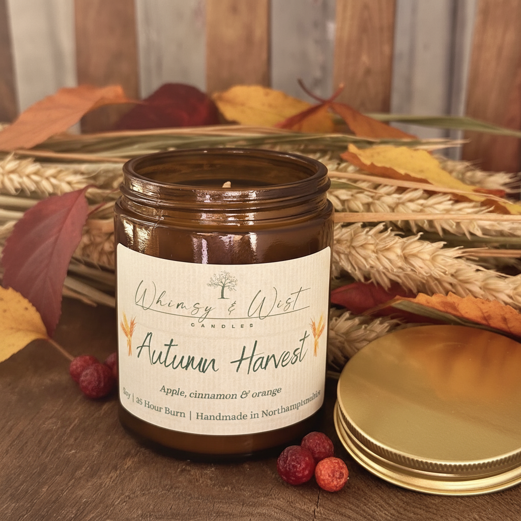 Candle jar labeled 'Autumn Harvest' with autumn themed decor on a wooden surface