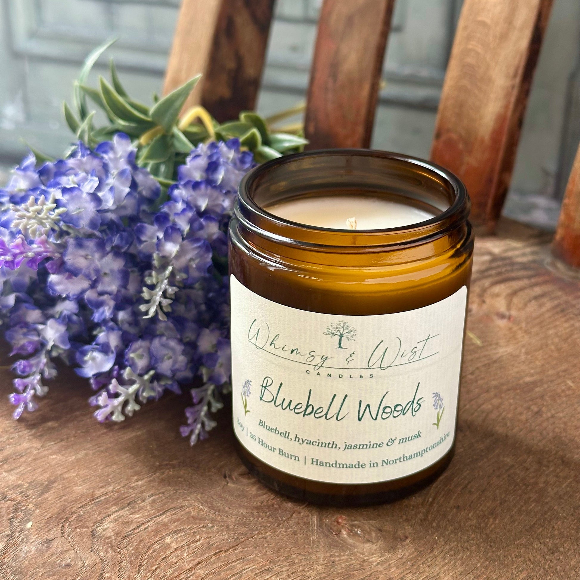Bluebell Woods soy candle in amber apothecary jar with gold lid, handmade in the UK.