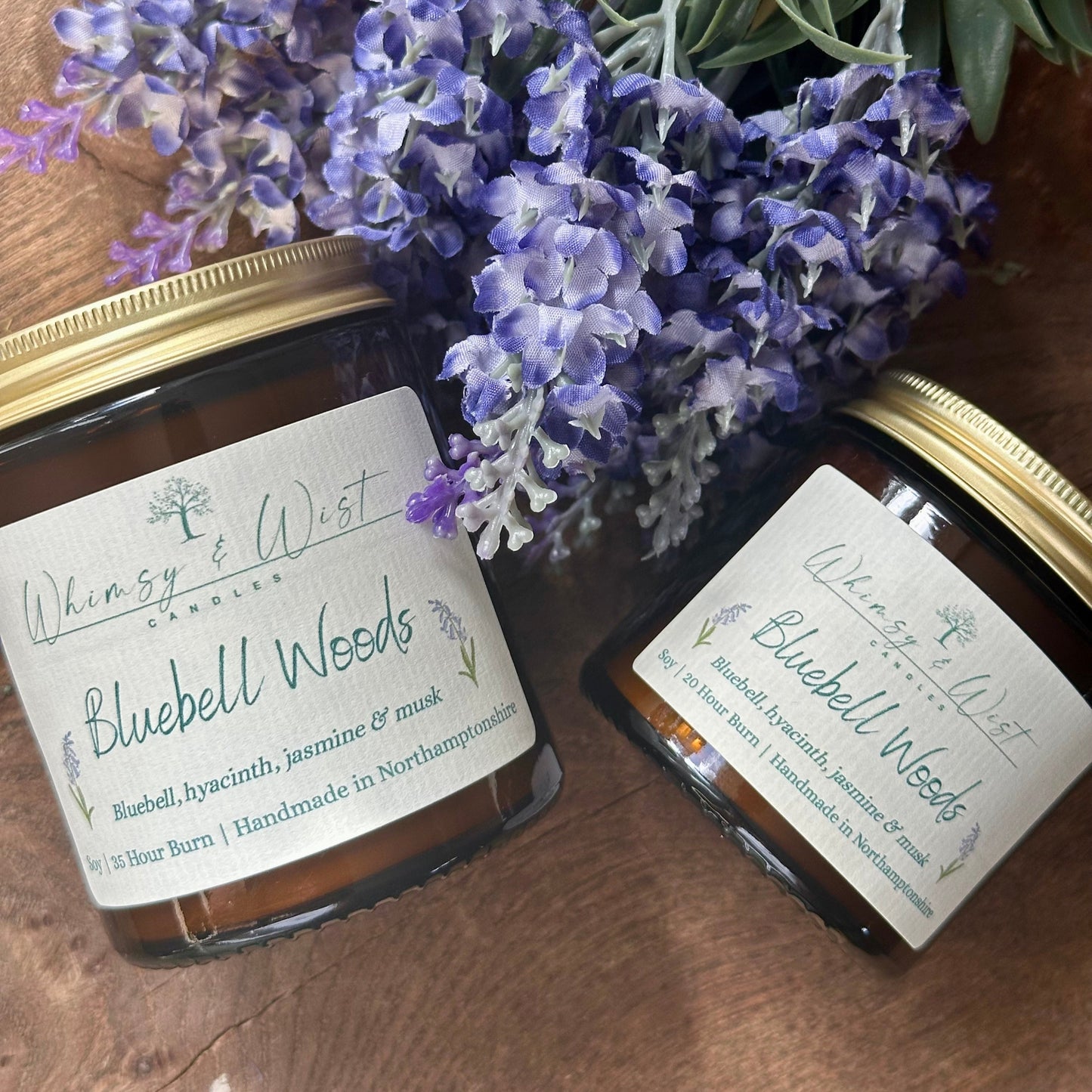 Bluebell Woods soy candle in amber apothecary jar with gold lid, handmade in the UK.