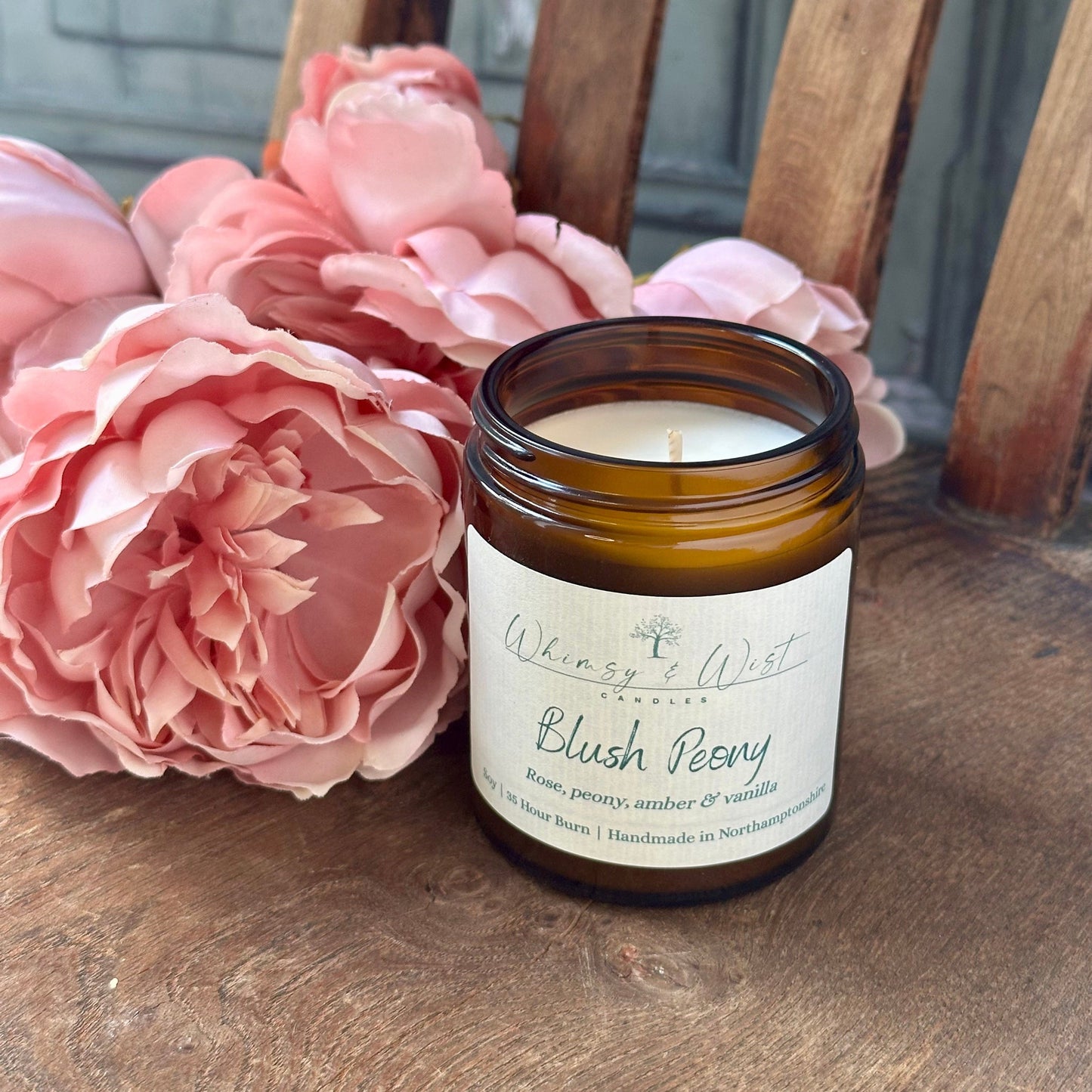 Whimsy & Wist Blush Peony soy candle, eco-friendly and vegan