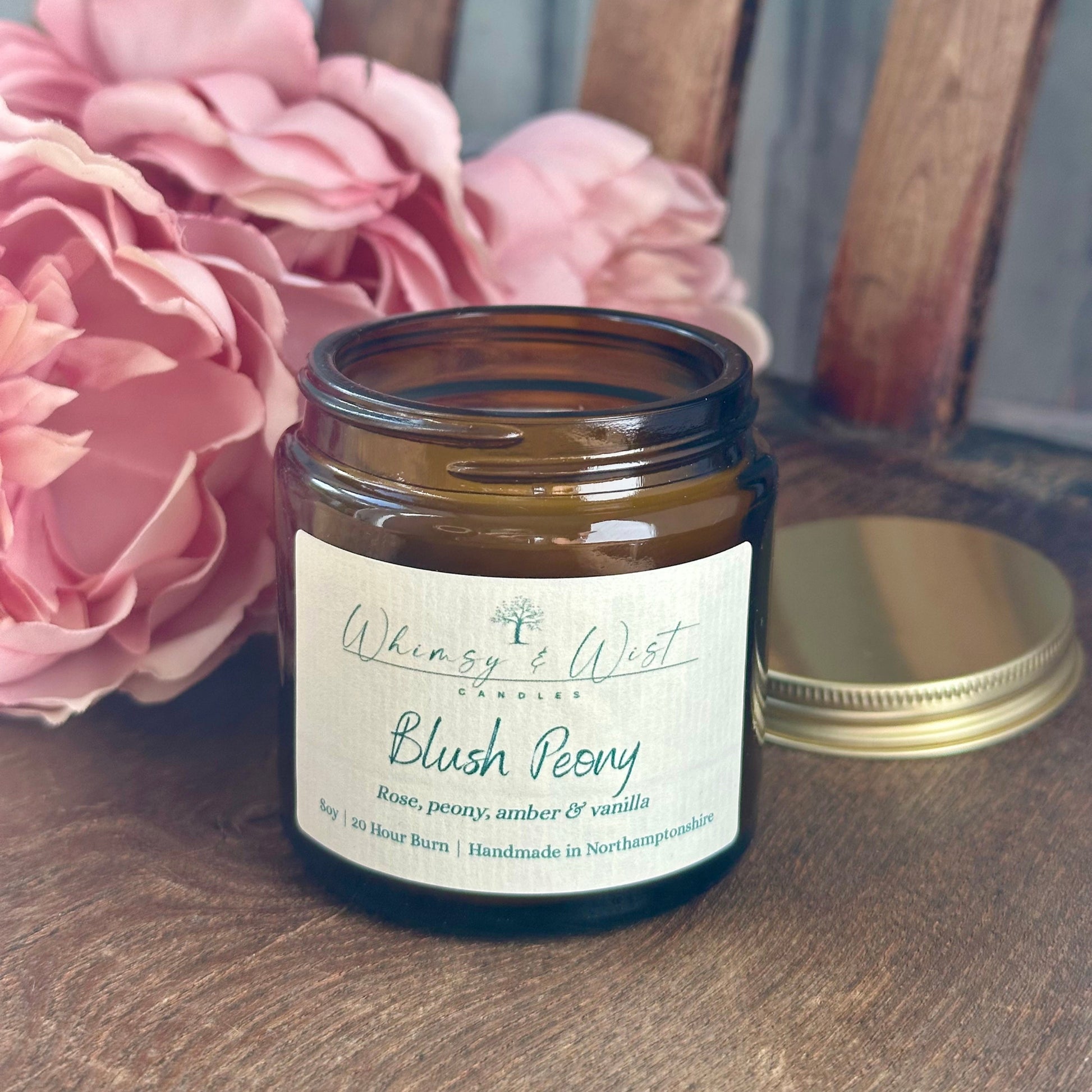 Blush Peony soy candle from The Bloom Edit, handmade in the UK