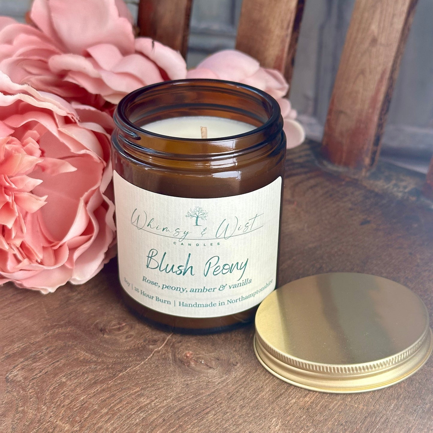 Blush Peony soy candle from The Bloom Edit, handmade in the UK