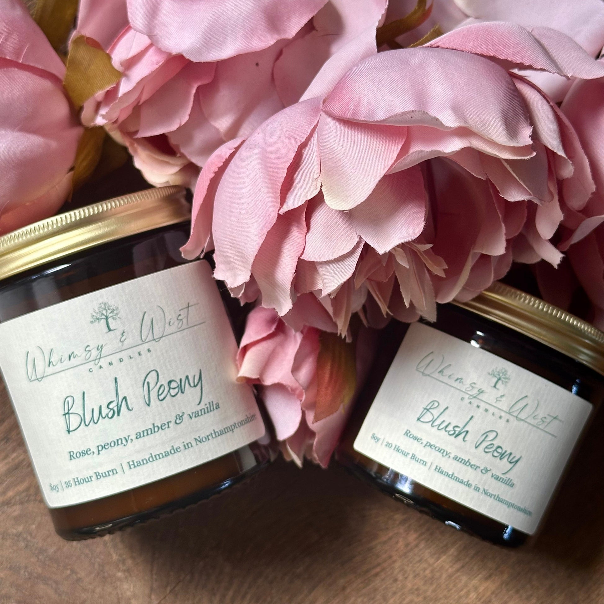 Blush Peony soy candle from The Bloom Edit, handmade in the UK