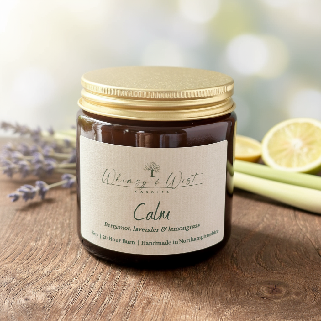 Calm essential oil soy candle with bergamot, lavender & lemongrass