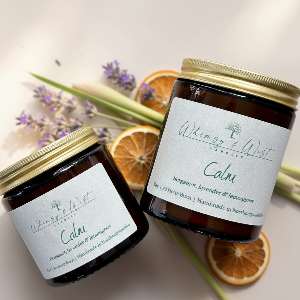Calm essential oil soy candle with bergamot, lavender & lemongrass