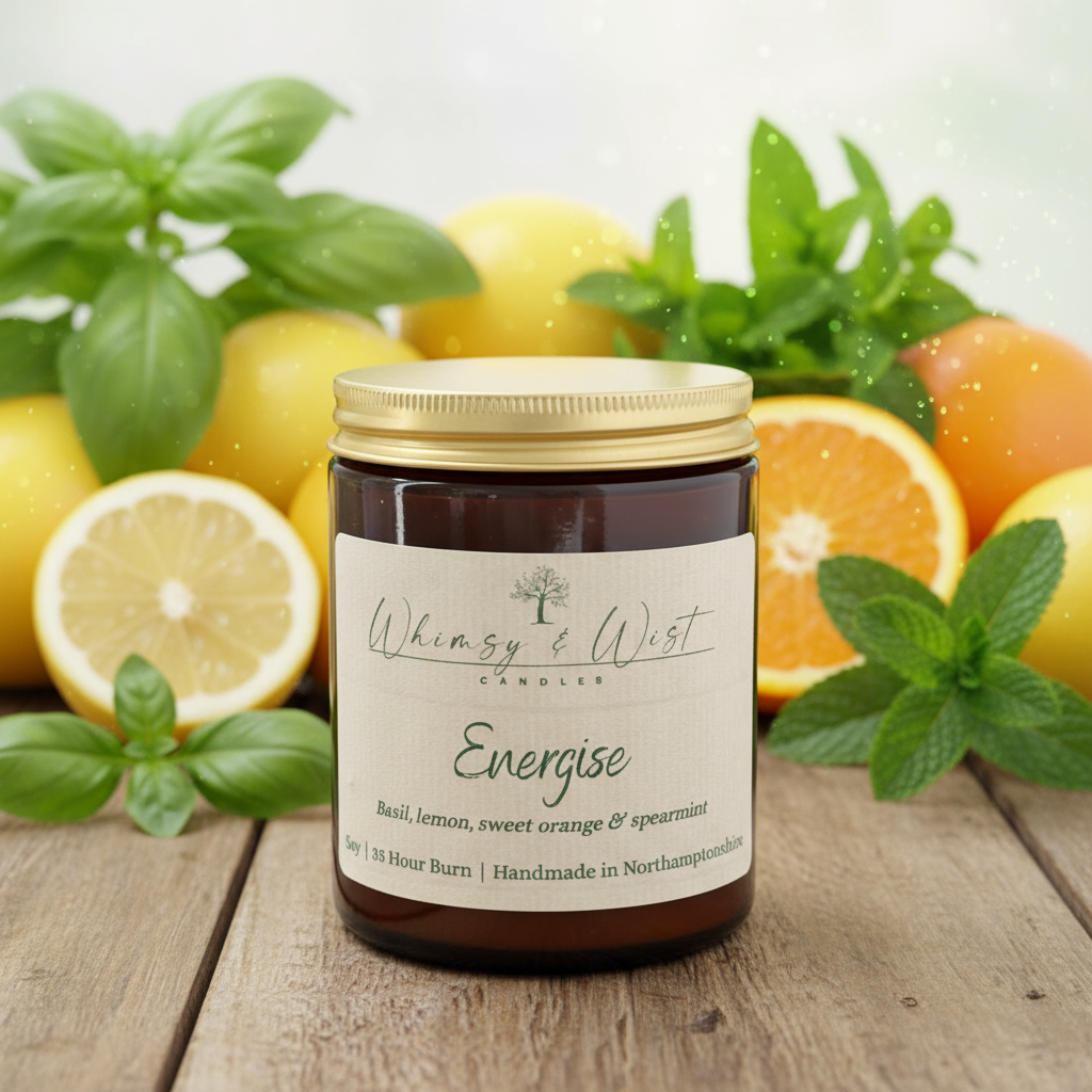 Energise essential oil soy candle with orange, basil, lemon & spearmint