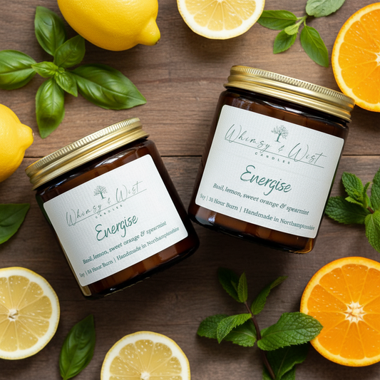 Energise essential oil soy candle with orange, basil, lemon & spearmint