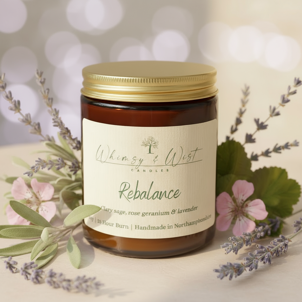 Rebalance essential oil soy candle with clary sage, rose geranium & lavender