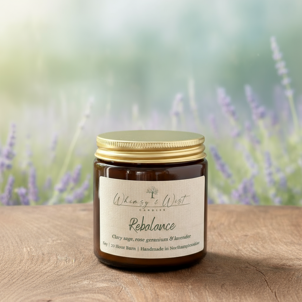 Rebalance essential oil soy candle with clary sage, rose geranium & lavender