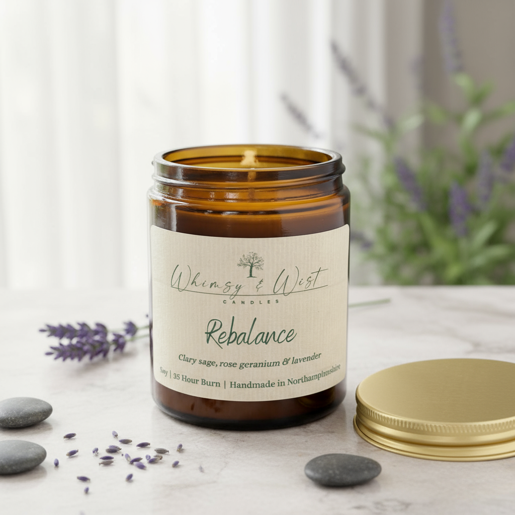 Rebalance essential oil soy candle with clary sage, rose geranium & lavender