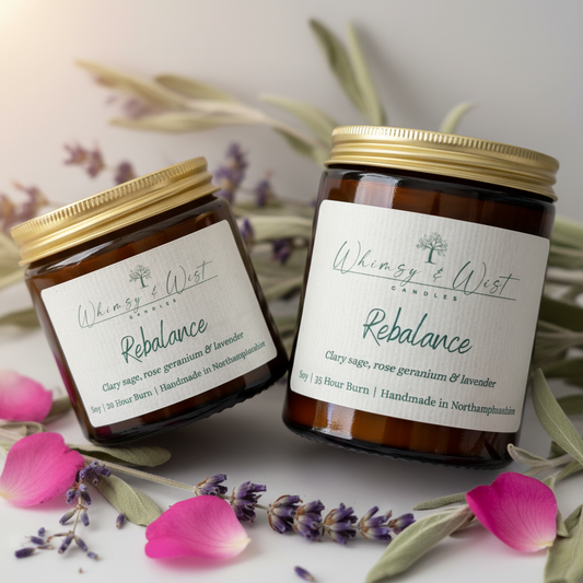 Rebalance essential oil soy candle with clary sage, rose geranium & lavender