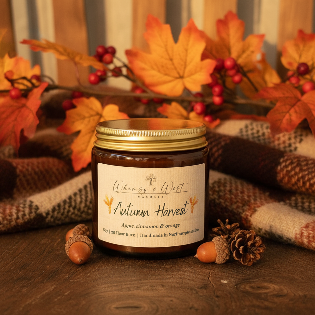 Candle jar labeled 'Autumn Harvest' surrounded by autumn decorations on a wooden surface.