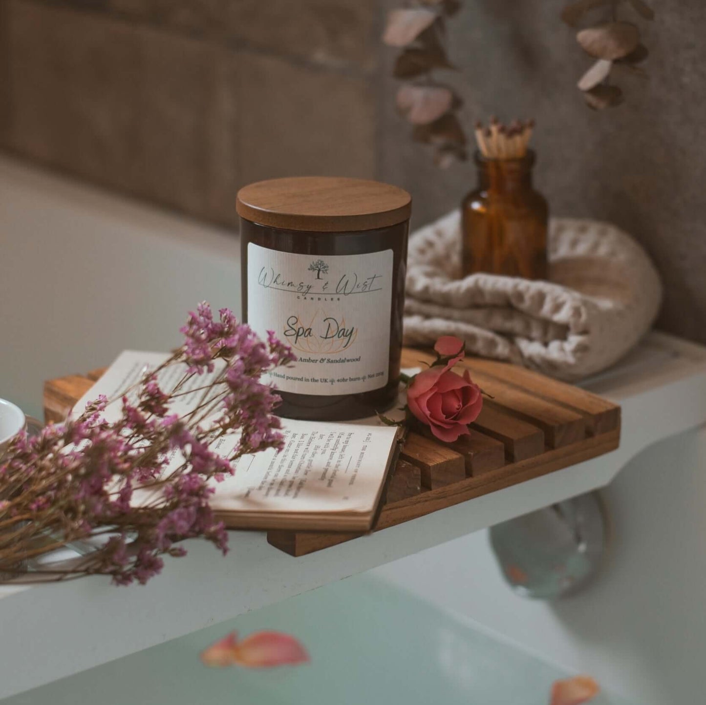 Spa Day scented soy wax candle. Infused with sandalwood & mandarin and a sustainable wood wick.
