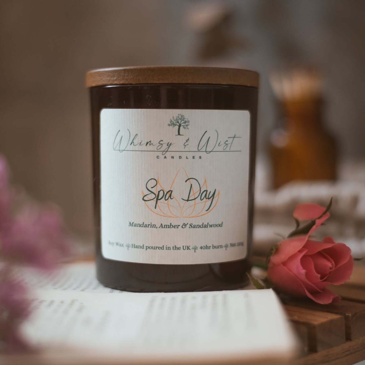 Spa Day scented soy wax candle. Infused with sandalwood & mandarin and a sustainable wood wick.