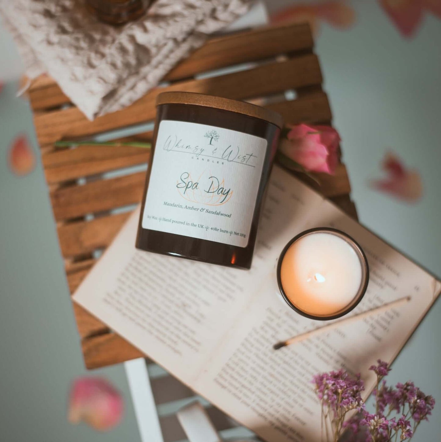 Spa Day scented soy wax candle. Infused with sandalwood & mandarin and a sustainable wood wick.
