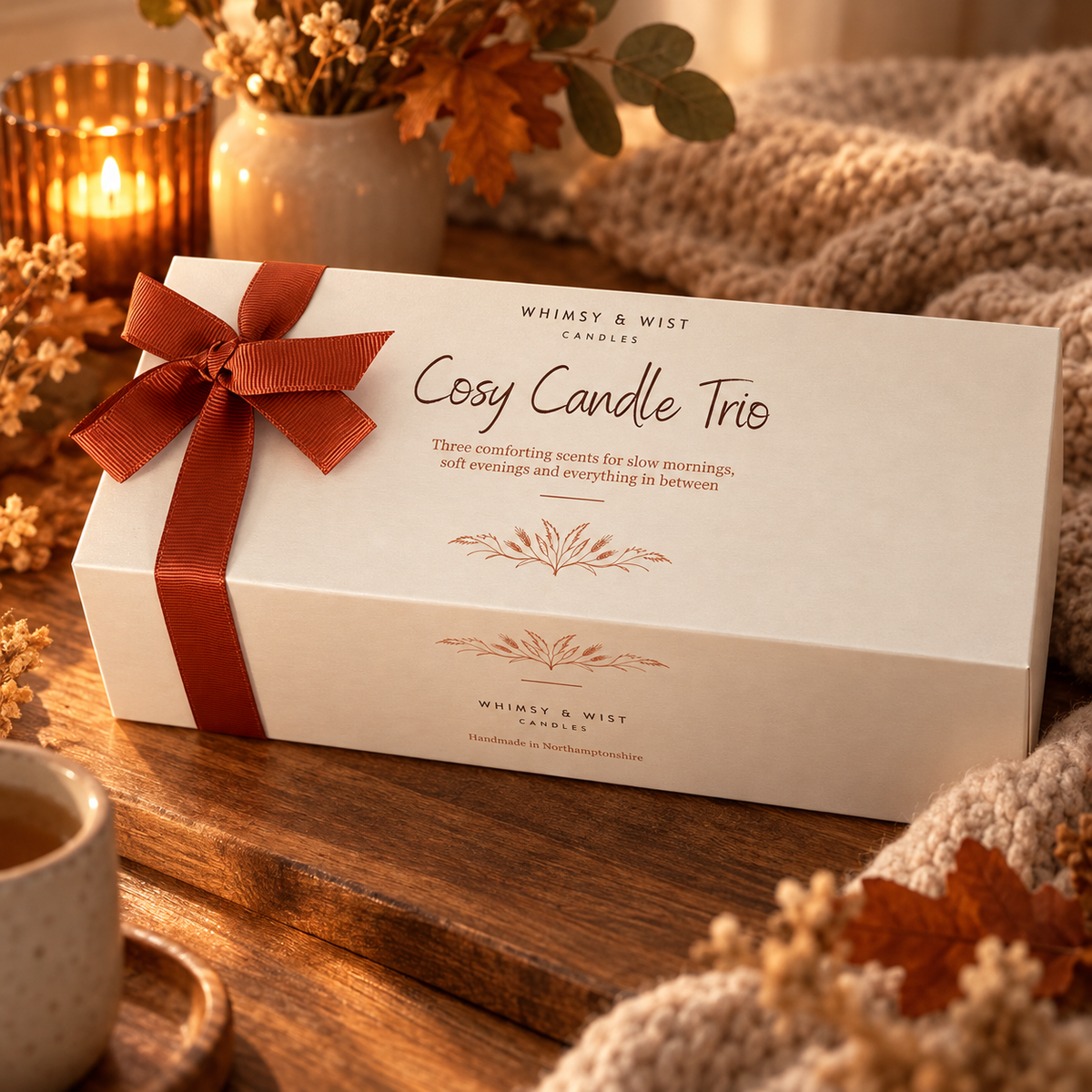 Whimsy & Wist Cosy Candle Trio gift box with a rust ribbon, surrounded by autumn leaves, knitwear and candlelight