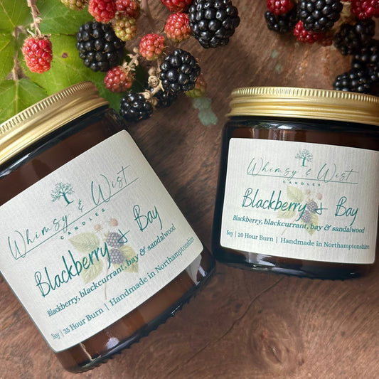 Blackberry & Bay soy candle in amber apothecary jar with gold lid, handmade in the UK.