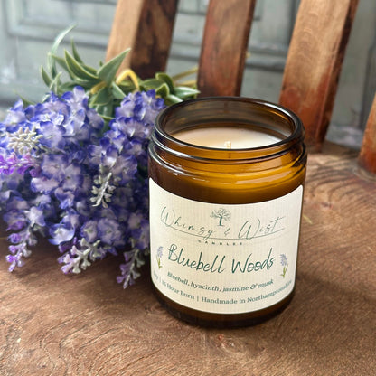 Bluebell Woods soy candle in amber apothecary jar with gold lid, handmade in the UK.