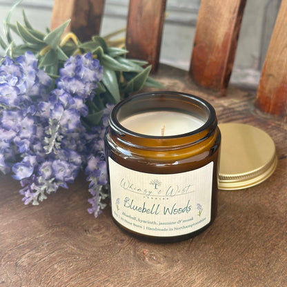 Bluebell Woods soy candle in amber apothecary jar with gold lid, handmade in the UK.