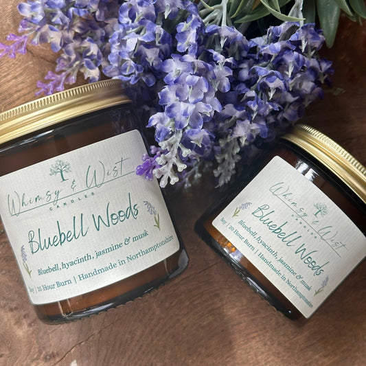 Bluebell Woods soy candle in amber apothecary jar with gold lid, handmade in the UK.