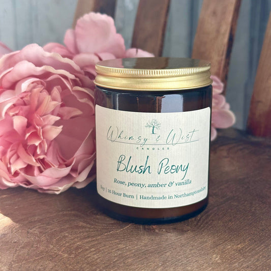 Handmade Blush Peony soy candle in apothecary jar