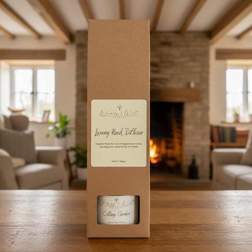 Whimsy & Wist Candles reed diffuser in a brown box on a wooden surface with a cottage background