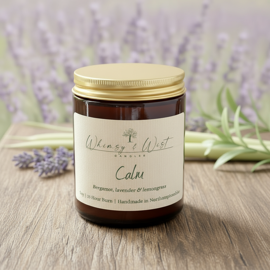 Calm essential oil soy candle with bergamot, lavender & lemongrass
