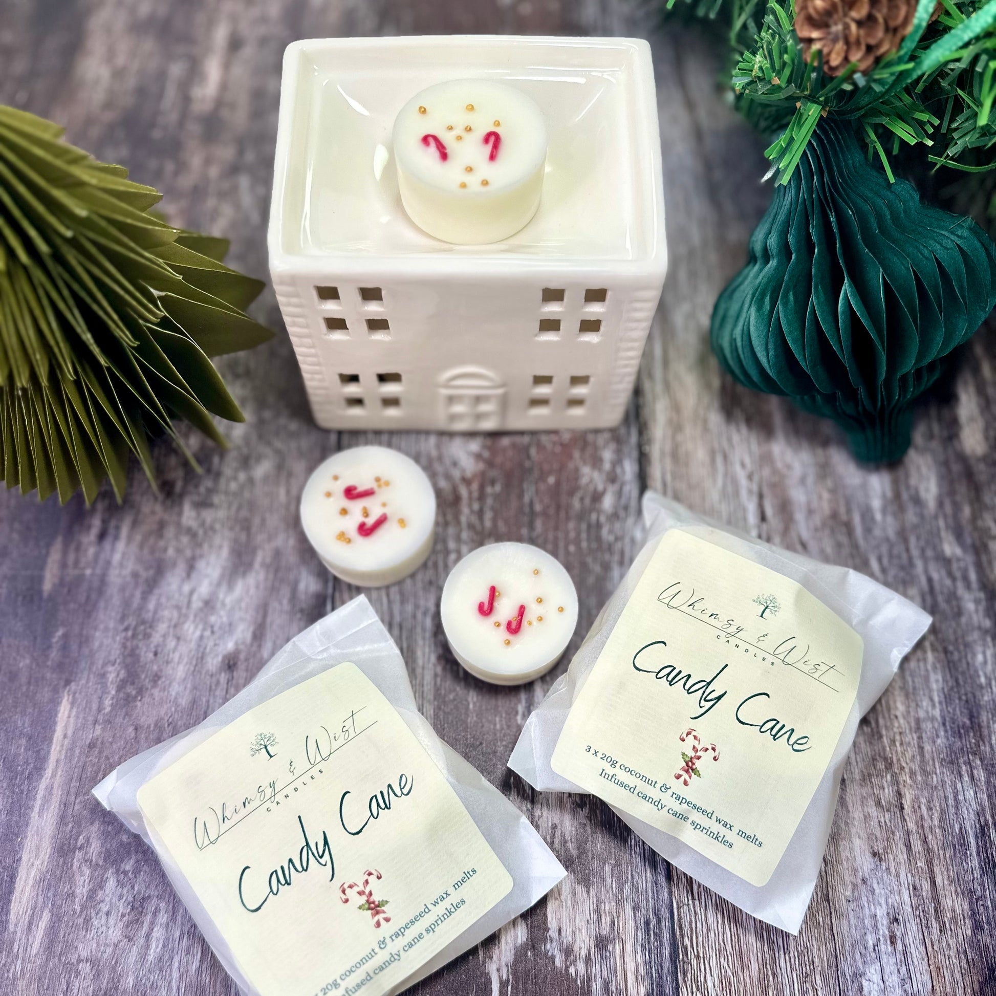 Wax melt with candy cane scent, decorated with tiny candy canes