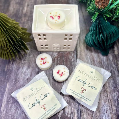Wax melt with candy cane scent, decorated with tiny candy canes