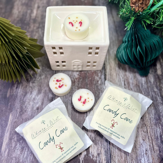 Wax melt with candy cane scent, decorated with tiny candy canes