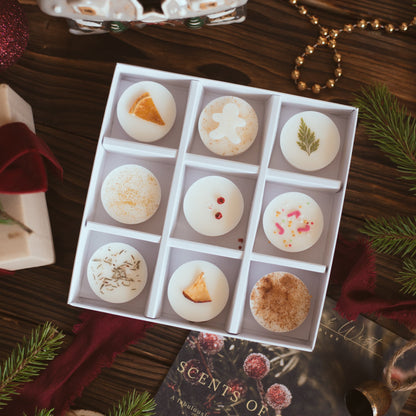 Open 'Scents of Christmas' box showing nine festive wax melts in separate compartments, each decorated with botanicals