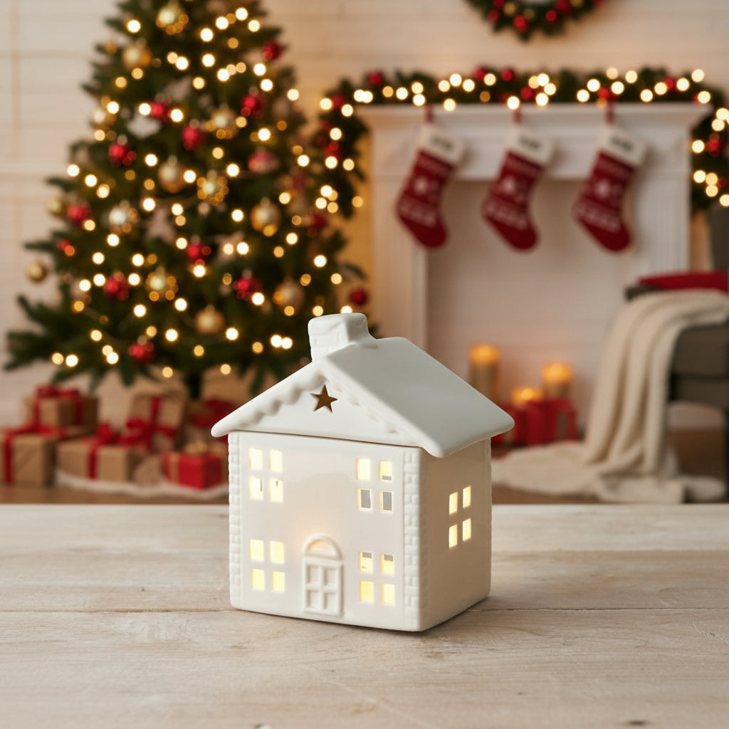 Ceramic house wax melt burner all lit up with a festive background