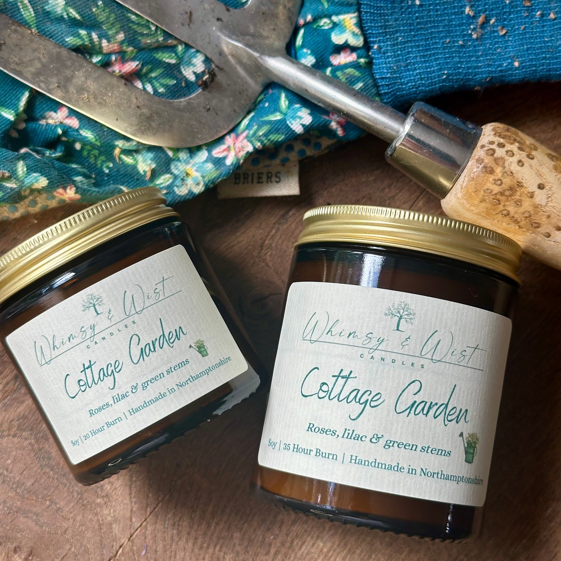 Cottage Garden soy candle in amber apothecary jar with gold lid, handmade in the UK.