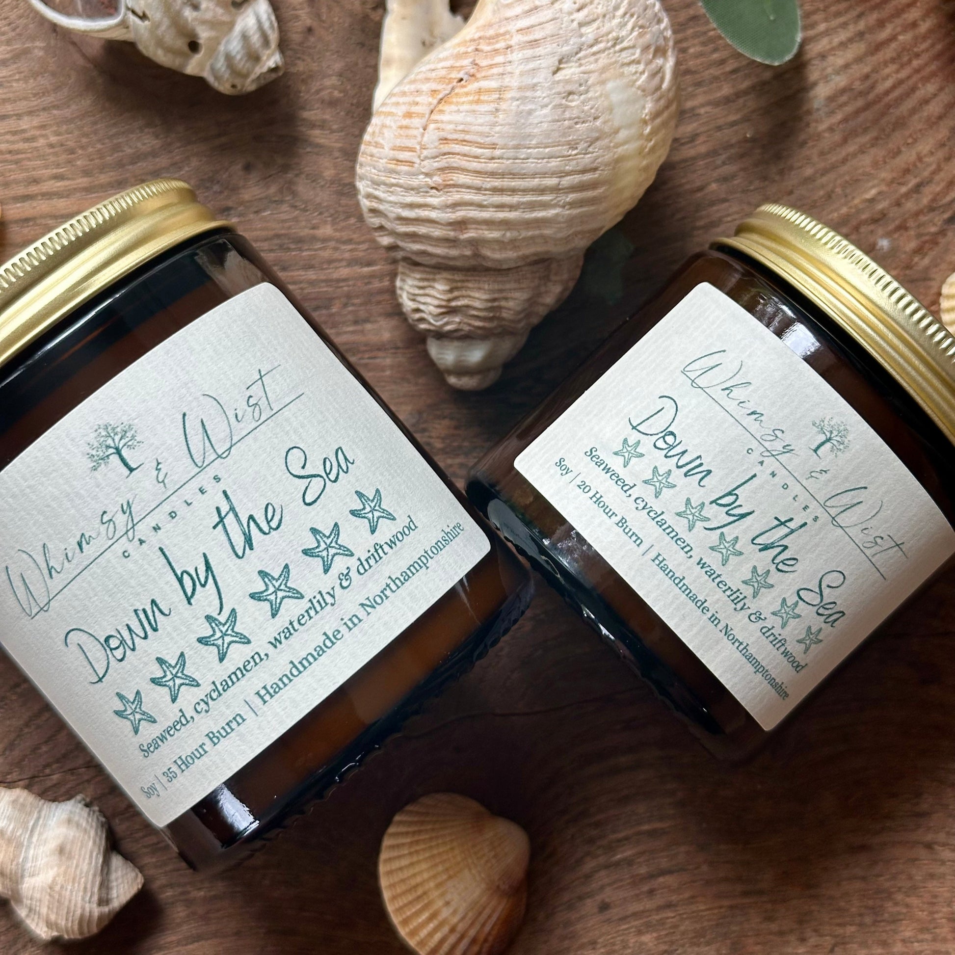 Down by the Sea soy candle in amber apothecary jar with gold lid, handmade in the UK.