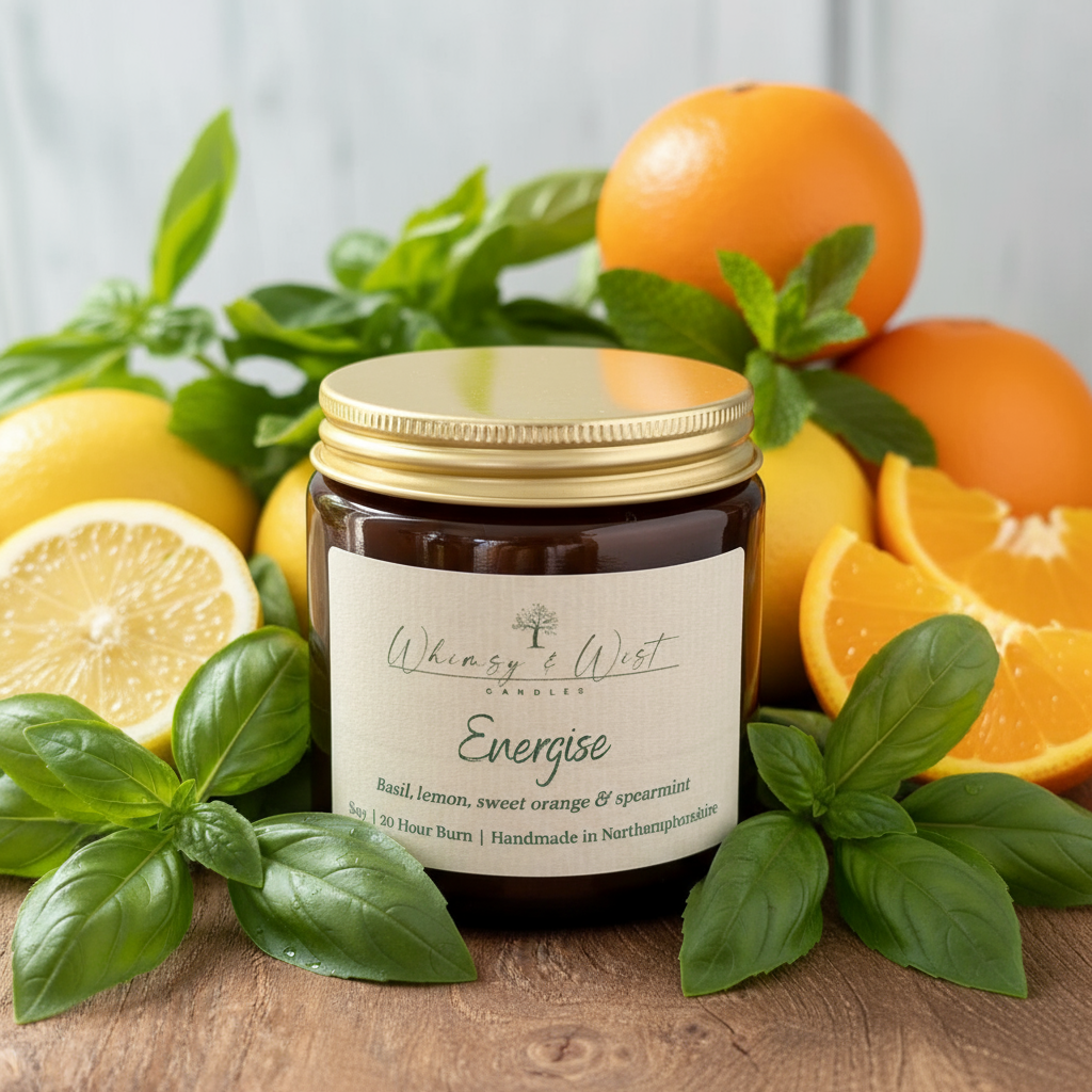 Energise essential oil soy candle with orange, basil, lemon & spearmint