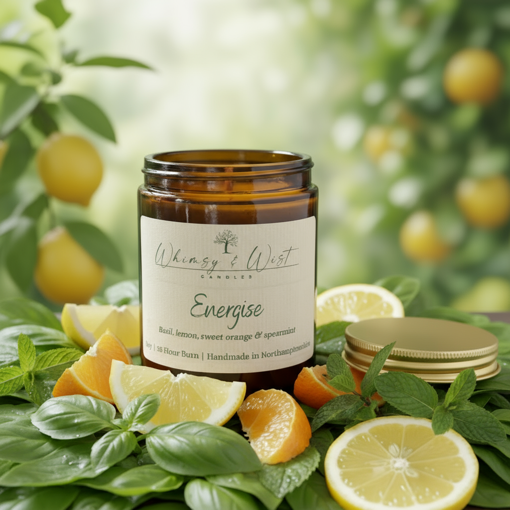 Energise essential oil soy candle with orange, basil, lemon & spearmint