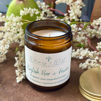 English Pear & Freesia soy candle in amber apothecary jar with gold lid, handmade in the UK.