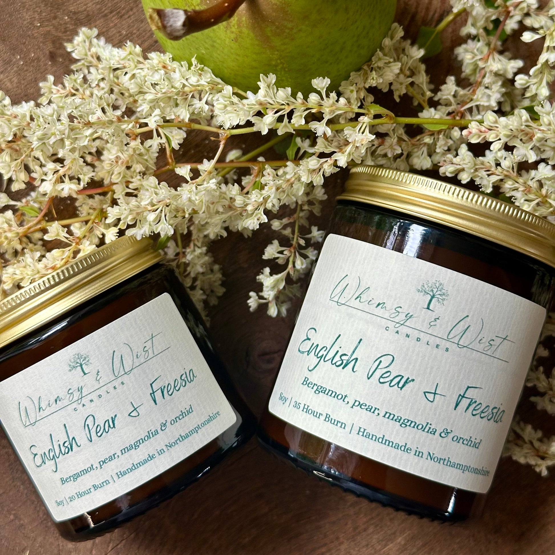 English Pear & Freesia soy candle in amber apothecary jar with gold lid, handmade in the UK.