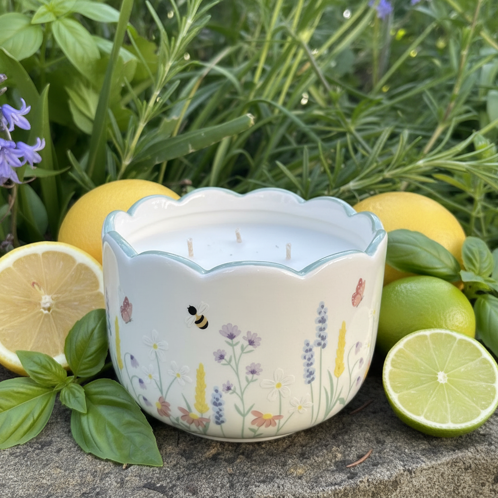 Decorative candle with floral design surrounded by lemons and limes on a stone surface.