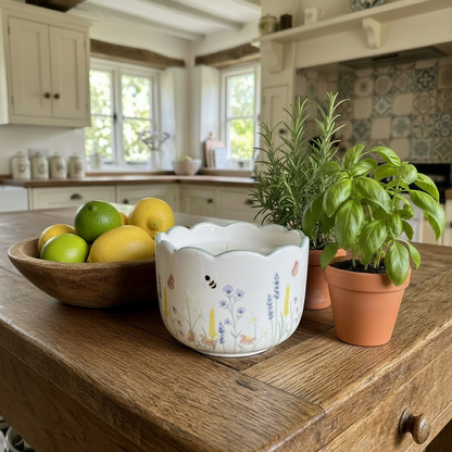 Pretty candle on a kitchen island, with a bowl of lemons and limes and some pots of herbs