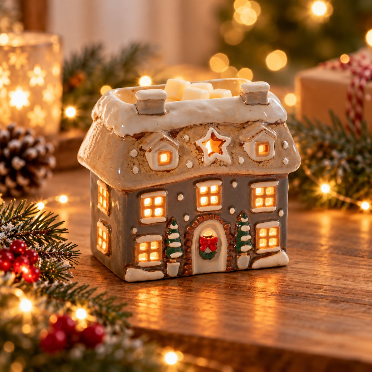 Stoneware Christmas cottage wax melt burner, set against a Christmas backdrop