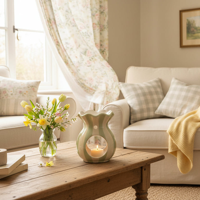 Green striped ceramic wax melt burner on a white background