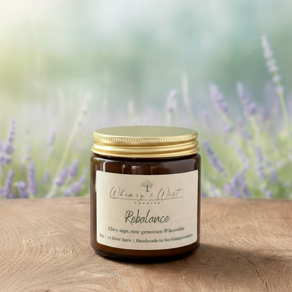 Rebalance essential oil soy candle with clary sage, rose geranium & lavender
