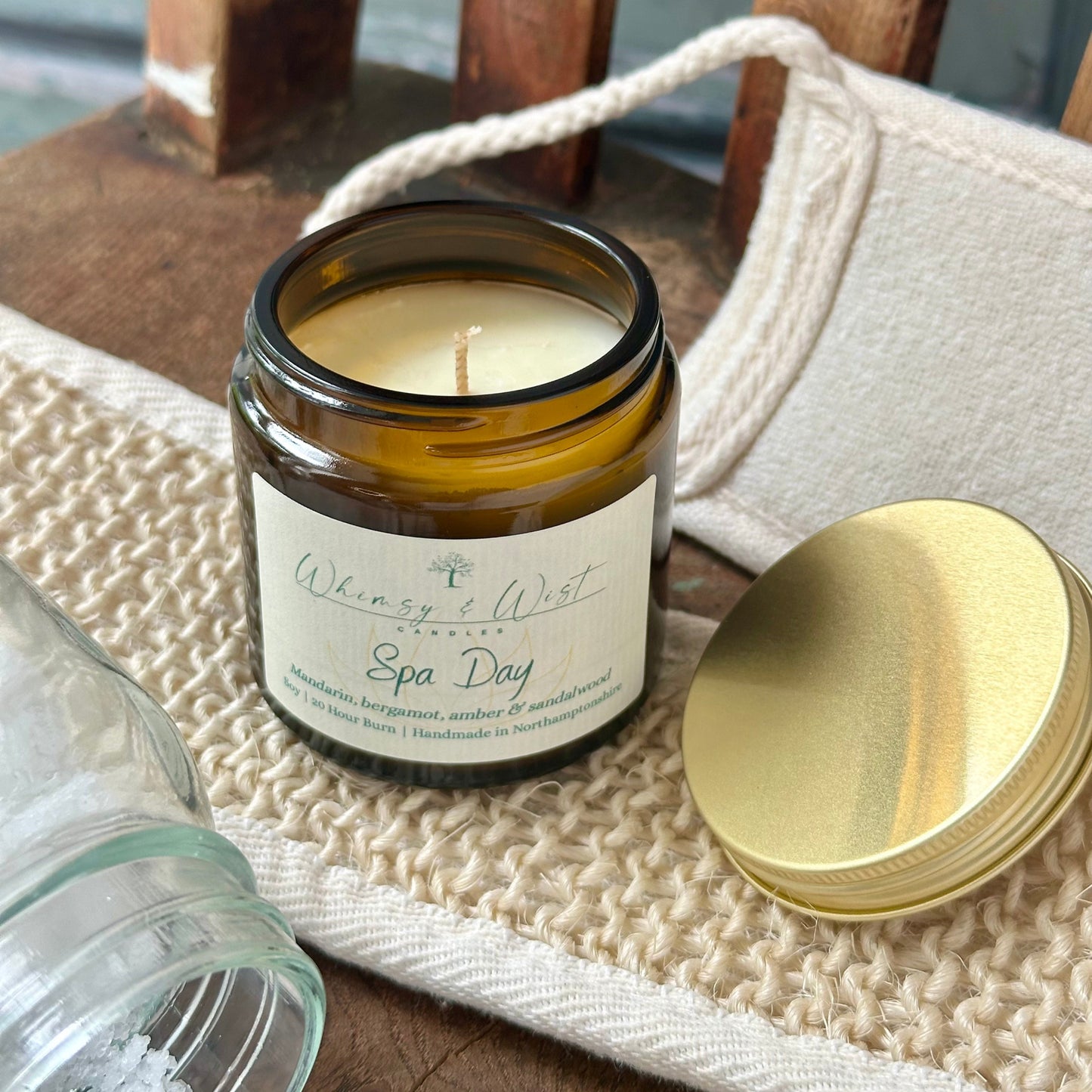 Spa Day soy candle in amber apothecary jar with gold lid, handmade in the UK.