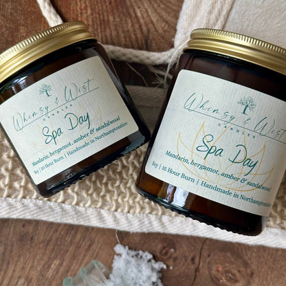 Spa Day soy candle in amber apothecary jar with gold lid, handmade in the UK.