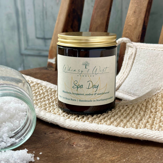 Spa Day soy candle in amber apothecary jar with gold lid, handmade in the UK.