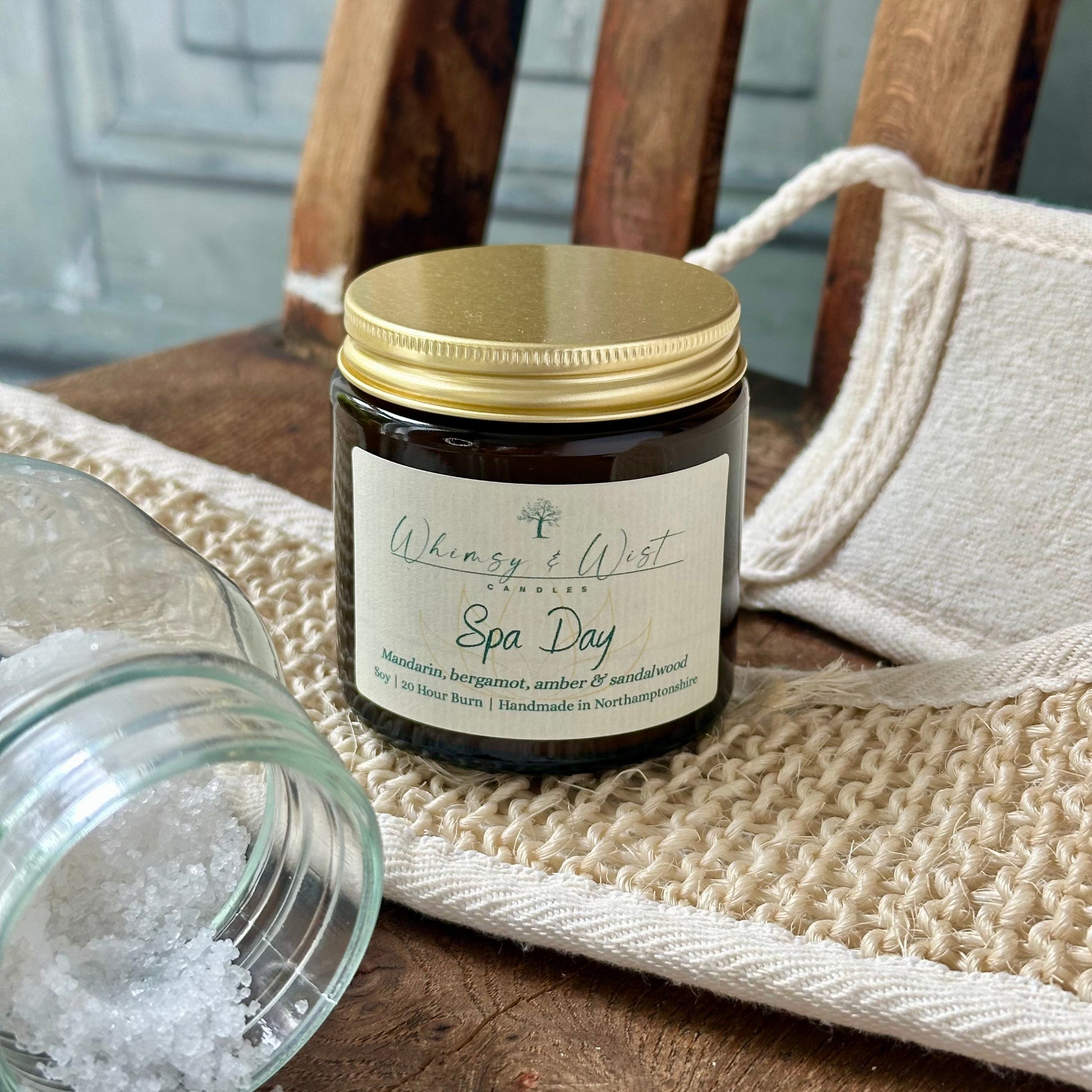 Spa Day soy candle in amber apothecary jar with gold lid, handmade in the UK.