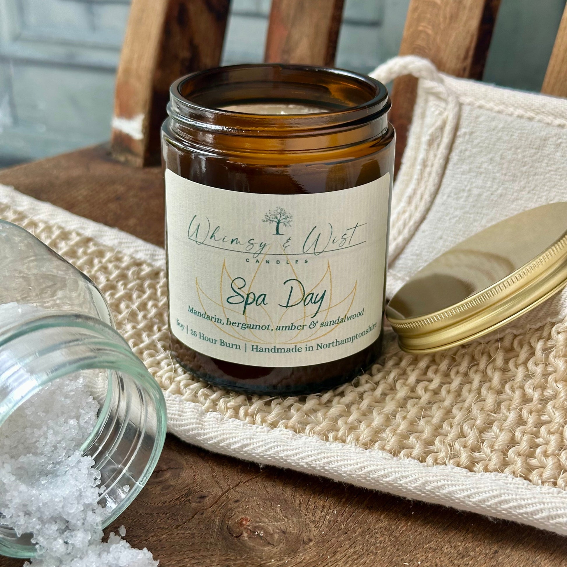 Spa Day soy candle in amber apothecary jar with gold lid, handmade in the UK.