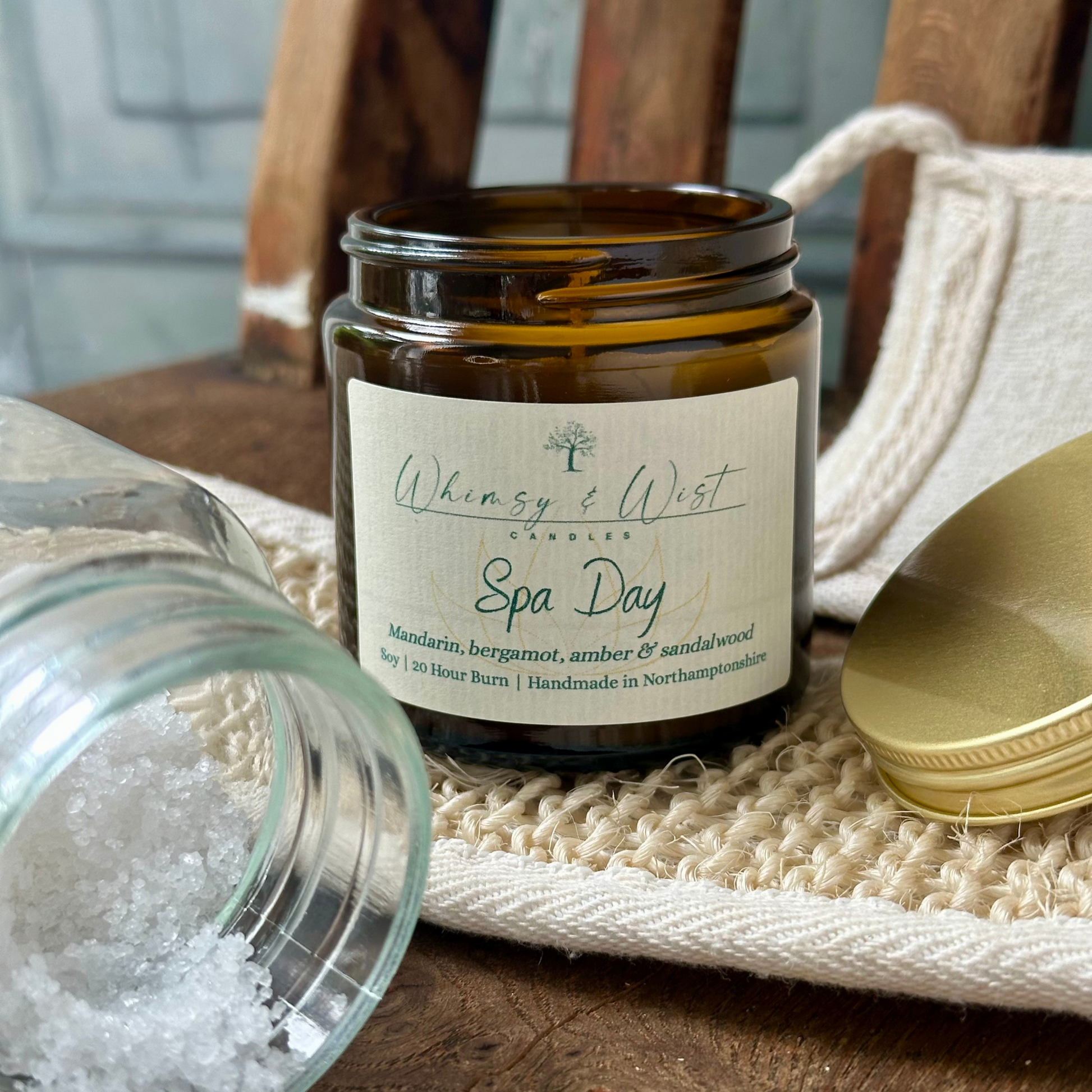 Spa Day soy candle in amber apothecary jar with gold lid, handmade in the UK.