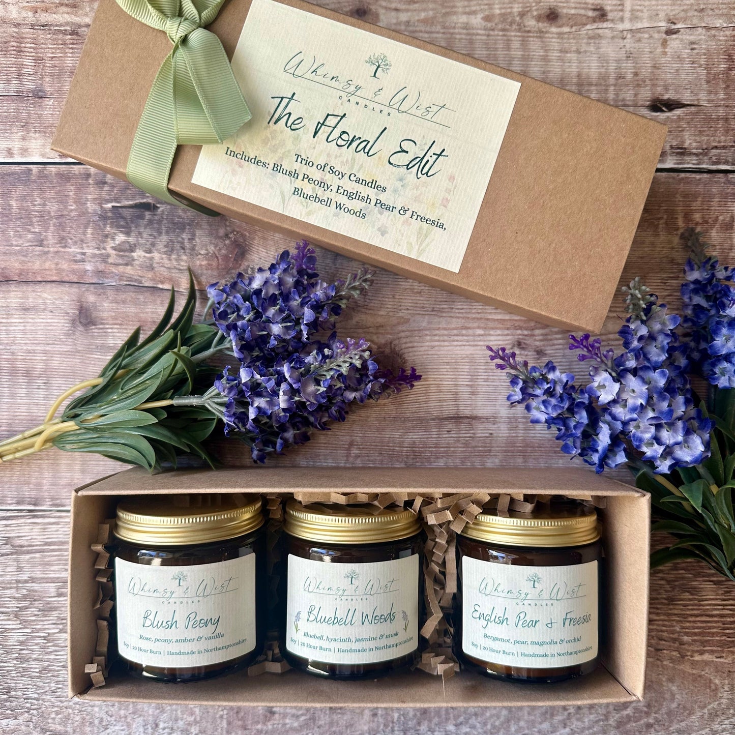 Trio of floral scented candles in a gift box